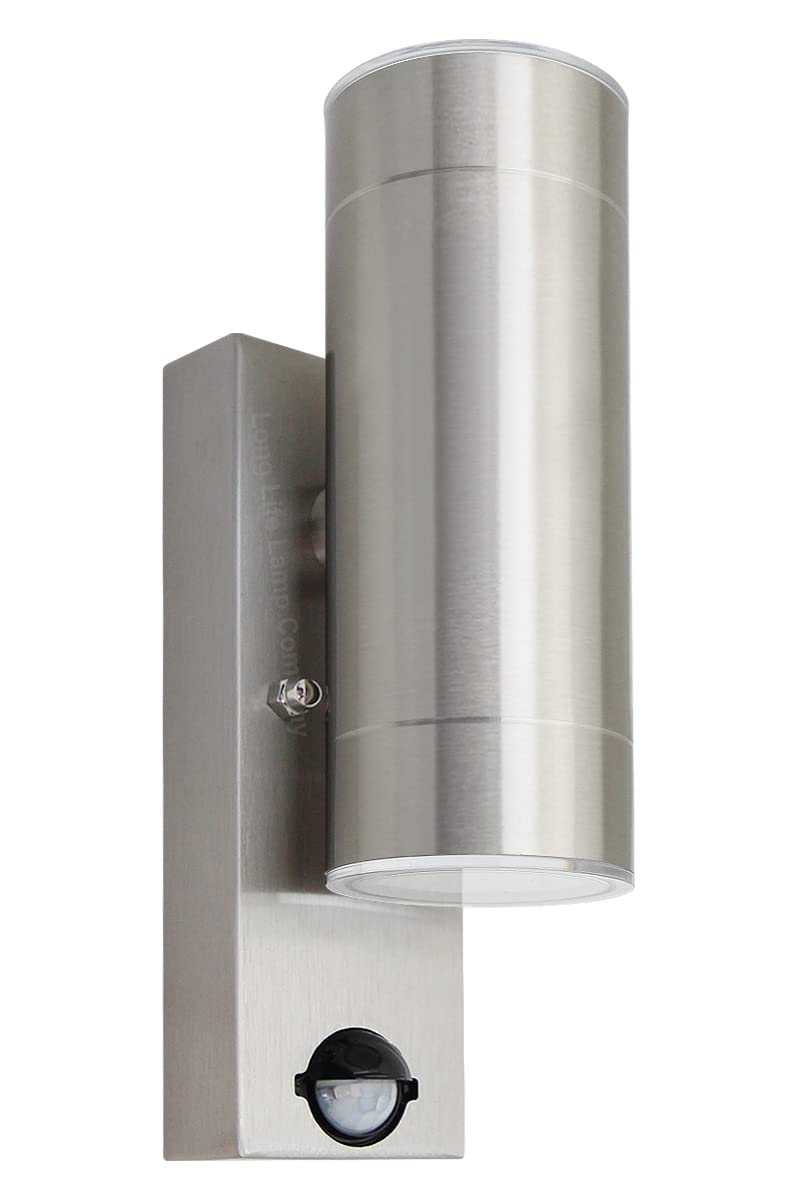 Long Life Lamp Company Outdoor LED Double Wall Light PIR Motion Sensor Cool White Stainless Steel Mains Powered Waterproof ZLC365SEN