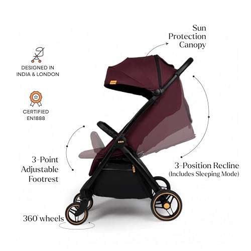 Image of Loopie Stroller with Gate Chec Bag | Mosquito Net | 1 Hand Fold Cabin Friendly Compact Foldable Stroller for 0-4 Years with Adjustable Seat | Sleeping Position | 360 Wheels | 1 Year Warranty | Maroon