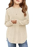 Haloumoning Girls Long Sleeve Shirts Kids Ribbed Knit Curved Hem Tunic Tops Fashion Tees 5-14 Years Beige