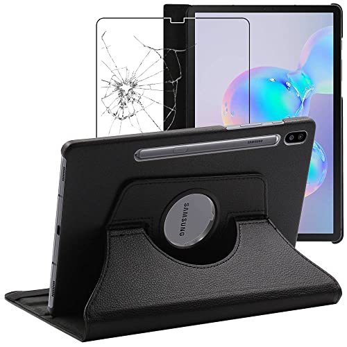ebestStar - Hülle für Samsung Galaxy Tab S6 10.5 T860/T865, Drehbar Schutzhülle, PU-Lederhülle, Rotierende Ständer Etui, Rotating Hülle Cover, Schwarz + Panzer Schutz Glas