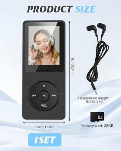 Bluetooth 5.0 MP3 Player mit 70 Stunden Wiedergabezeit, 32GB Speicher, Verlustfreier Klang, HD Lautsprecher, Sprachrekorder, 1,8 Zoll TFT-Bildschirm, AUX Unterstützung