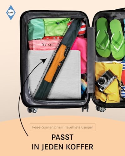 FARE Reise-Sonnenschirm Travelmate Camper – Leicht & Kompakt, UV-Schutz UPF50+, Ideal für Reisen, Strand, Outdoor & Camping - Als Regenschirm nutzbar