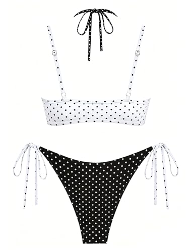Image of ZAFUL Women's Polka Dot Bikini Set Double Layer Halter Swimsuit Colorblock Side Tie 2 Piece Bathing Suit