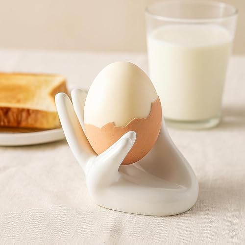 Voarge 4 Eierbecher Set, Lustig Porzellan Eierständer, Hand-Eierhalter Küche Aufbewahrung Ständer für gekochte Eier Ostergeschenk Weiß – Bild 5