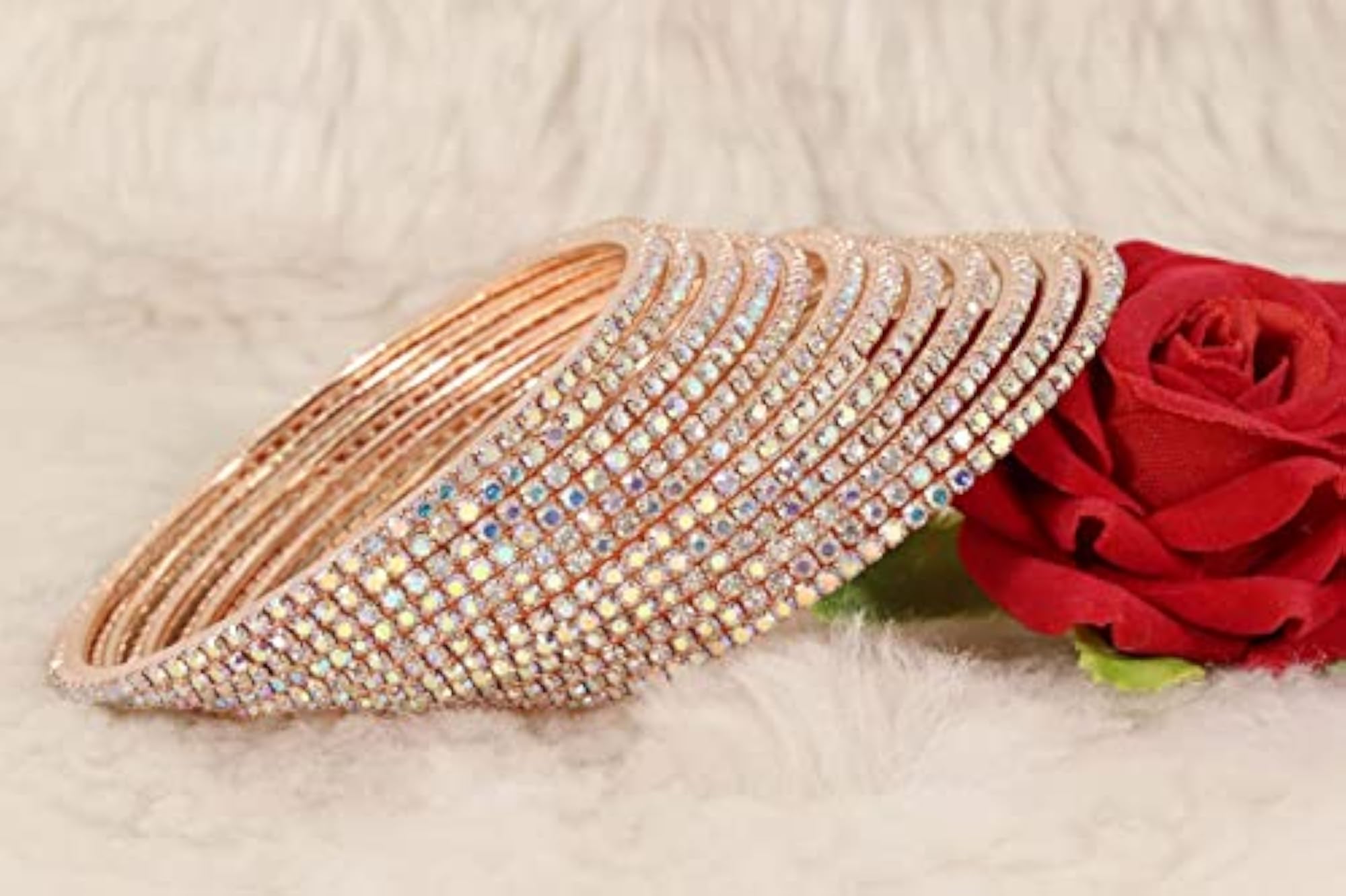 Zircon Gem Bangle Set, RoseGold-Rainbow, Pack of 1