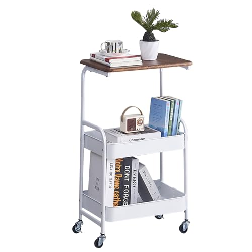 Yosamy Carrito de cocina con ruedas, 3 niveles, carrito de servicio con ruedas, con soporte de metal y tablero de madera para cocina, baño, salón, color blanco