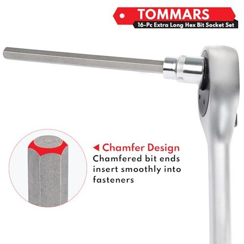 Image of TOMMARS 16-Pc Long Hex Bit Socket Set, Extra Long Allen Socket Set, CR-V and S2 Steel, SAE & Metric 1 /8-3 /8 in., 3-10 mm.