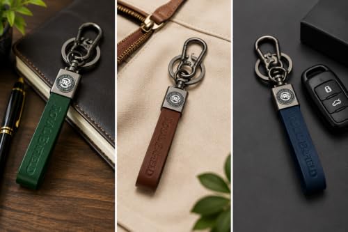 Image of Leather Keychain for Vintage Motorcycle with Embossed Logo - Premium Leather Strap Key Ring Accessory for Bike Keys & Gifts