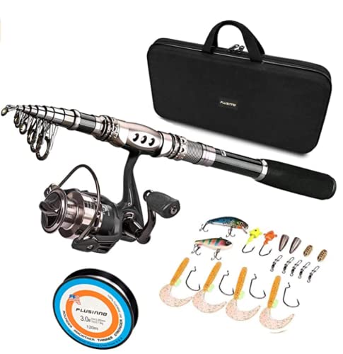 PLUSINNO Fishing Rod and Reel Combos - Carbon Fiber Telescopic Fishing Pole - Spinning Reel 12 +1 Shielded Bearings Stainless Steel BB (Full Kit with Carrier Bag, 1.8M 5.91FT)