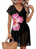 Dokotoo Womens Swimsuit Coverup Swim Cover Up Bathing Suit V Neck Beach Cover Ups for Swimwear Women 2026 Summer Floral Print Sheer Dress Bikini Cruise Vacation Outfits Resort Wear Black XX-Large
