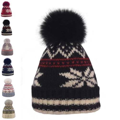 Kids Winter Knit Beanie Hat for Boys Girls Age 3-8 with Faux Fur Pom Warm Fleece Lined