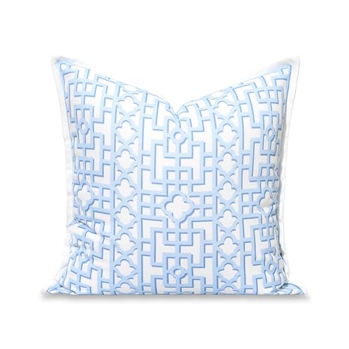 Hofdeco Premium Grandmillennial Coastal Hampton Patio Indoor Outdoor Throw Pillow Cover Only, 20"x20" Water Repellent for Backyard, Couch, Poolside, Baby Blue Print Fretwork Trellised Screen