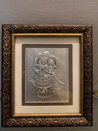 Image of 999 Silver Radha Krishna Wooden Photo Frame | Govind, Gopal, Kanhaiya Wall Hanging Divine Tasveer for Home Mandir, Puja, Office, Return Gift, Housewarming, Anniversary- 15x12x2 CM