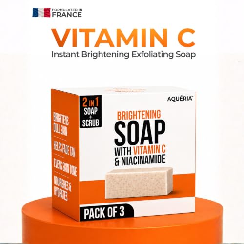 Image of Aqueria 2-in-1 De-Tan & Brightening Soap with Vitamin C & Niacinamide | Instant Brightening & Exfoliating Soap with Kojic Acid | Scrub Side for Tan Removal & Smooth Side for Brightening (Pack of 3)