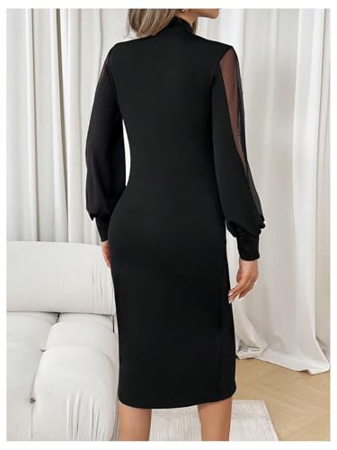 Image of WDIRARA Women's Pearls Beaded Mesh High Waist Dress Mock Neck Long Sleeve Bodycon Midi Dresses
