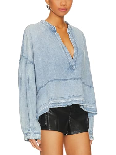 Women's Denim Pullover Deep V Neck Long Sleeve Raw Hem Loose Fit Casual Jean Tops2