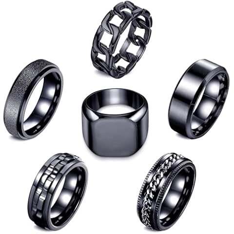 LOWNOUR rings for men women 6pcs black stainless steel mens rings fidget ring anxiety relief fashion simple band rings cool interwine gear spinner ring set (Black+spinner, 10) Cover
