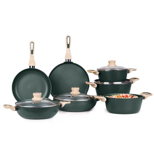 Image of Kreme Venetia Premium Series Granite Non-Stick 11 Pc Cookware Set | Kadai, Frypan, Dosa Tawa and Sauce Pot with Lid | Granite Coating | Induction & Gas Stove Use | Healthy Low-Oil Cooking, Green