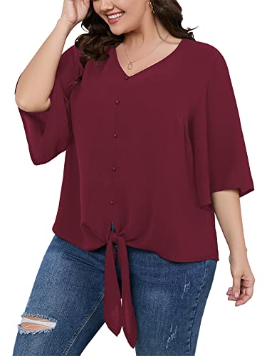 SCOMCHIC Women's Plus Size Blouses V Neck Tops 3/4 Sleeve Tie Knot Casual False Button Down Shirts XL-5XL