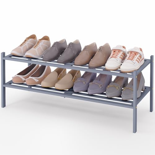 Image of Smiry Bamboo Shoe Rack, 5 Horizontal Slats, 2 Tier - 33.9 inch Wide, Grey