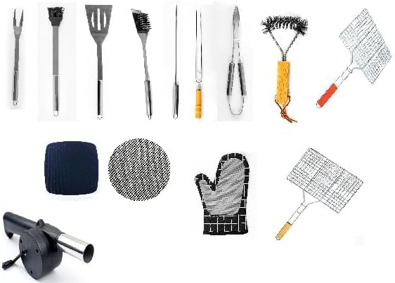 Amazon Brand - Umi BBQ Tools - Air Blower, Small & Large Grill Net, Wooden & SS Cleaning Brush, Fork, Tong, Spatula, Sauce Brush, Wooden & SS Skewers, Grill Mesh & Mat, One Hand Glove- Set of 14