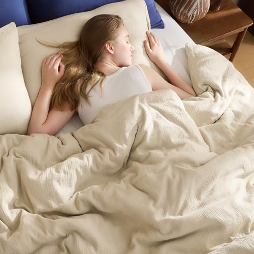 EMME Muslin Cotton Duvet Cover Set Light Tan Queen Size Linen Like Soft Breathable Lightweight...