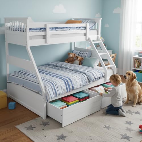 Image of APRODZ Haven Queen Size Solid Wood Bunk Bed with 2 Drawer Storage | Wooden Twin Over Bed with Ladder for Kids' Room Bedroom Living Room Home (White)