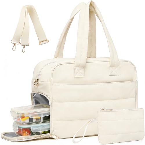 Image of PALAY Tote Bags for Women Office Use with Insulated Lunch Compartment Beige Nylon Waterproof Laptop Bag Large Puffy Quilted Travel Duffle Bag for Women