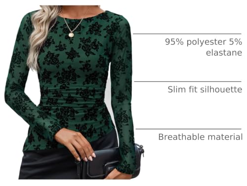 Image of ZESICA Womens Floral Long Sleeve Shirts 2026 Spring Boat Neck Mesh Ruched Tops Fitted Asymmetrical Going Out Blouses