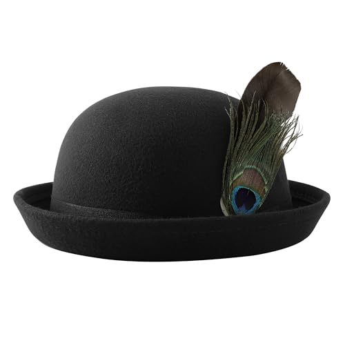 BABEYOND Derby Bowler Hat for Men-Women Short Rolled Brim Fedora Hat with Feather Formal Casual Black
