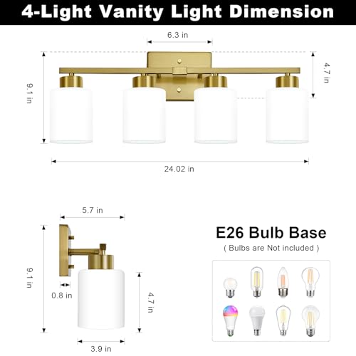 Image of FonmYim Brushed Gold Bathroom Light Fixtures, 4-Light Modern Vanity Light Over Mirror, Wall Sconces with Milky White Frosted Glass Shades, E26 Socket (Bulbs Not Included)