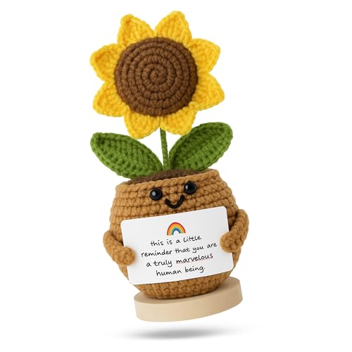 PICKLE BUDDIES Emotional Support Crochet Flower Gift | Handmade Plush Plant with Positive Message | Unique Mini Decor for Desk, Friends, Teachers, 5 Styles (Marvelous Sunflower Buddy)