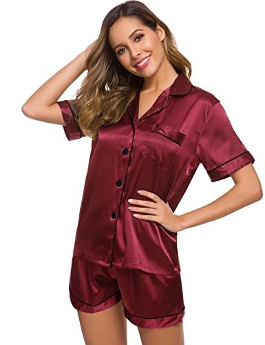 Image of SWOMOG Womens Silk Satin Pajamas Set Short Sleeve Sleepwear Button Down Top and Shorts Loungewear 2 Piece Pjs Set XS-3XL