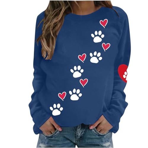 Sweatshirt Damen Niedlich Hundepfoten Muster Oberteile Leichtes Herbst Winter Pullover Liebes Herz Muster Langarmshirt Locker Pulli Tops Basic Shirt Rundhals Langarm Bluse Bequem Tunika