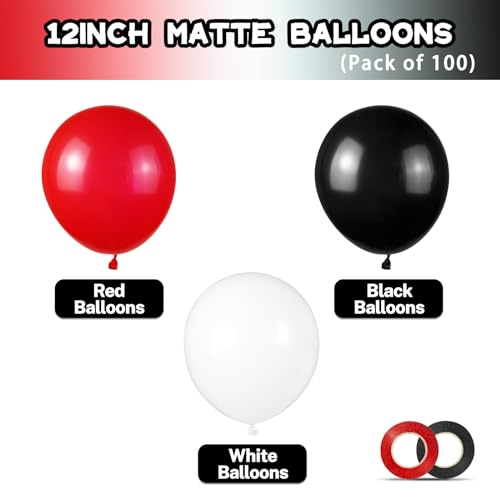 Image of Red and Black Balloons 100Pack 12 inch Matte Black Red and White Latex Balloon Bulk for Birthday Party Graduation Racing Car Poker Card Decorations Supplies