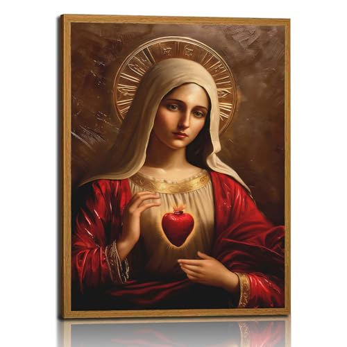Framed Immaculate Heart of Mary Canvas Wall Art Print Catholic Religious Picture Poster Mary mother of God image for Home Church Decor Gallery Artwork 16x24 Inch Ready To Hang