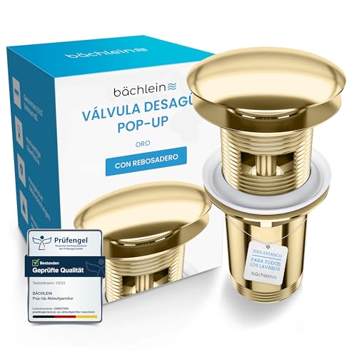 Bächlein Desagüe Universal con Rebosadero para Lavabo & Lavamanos - Válvula Pop Up Automática Dorada - Incl. 3 Juntas para Todo Tipo de Lavabos, Válvula de Desagüe - Instalación con Instrucciones