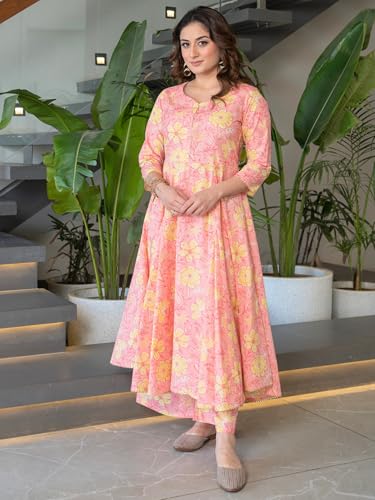 Image of Arayna Women's Pure Cotton Hand Block Floral Printed Ethnic Kurta Set with Palazzo Pants