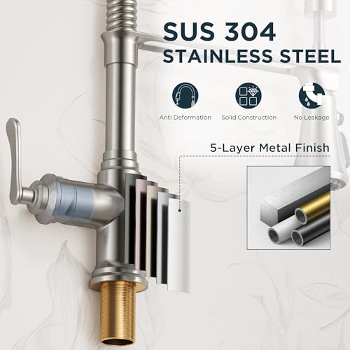 Image of FORIOUS Rustic Kitchen Faucet with Pull Down Sprayer Brushed Nickel, 3 Modes Stainless Steel High Arc Vintage Spring Sink Faucet 1 or 3 Holes for Pot Filler, Farmhouse Camper Wet Bar