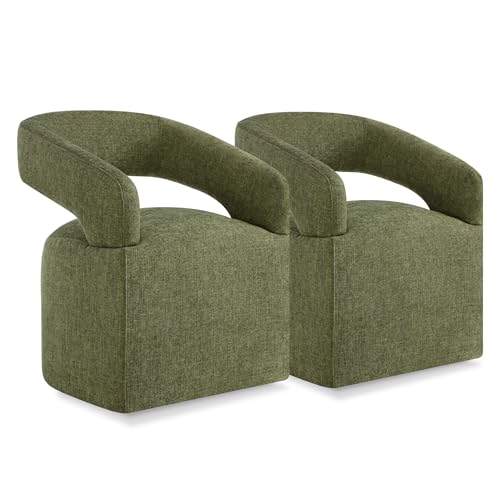 Image of KISLOT Upholstered Dining Chairs with Casters Easy Assembly Require Modern Barrel Armchair with Rollers for Diningroom Bedroom Livingroom Reading Room,Set of 2,Green