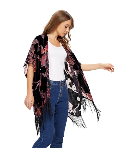 Image of MJ SERECA Women's Burnout Velvet Kimono Cardigan Cover Up with Tassel