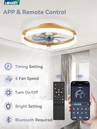 Image of LEDIARY 19.7 Inch Low Profile Ceiling Fans with Lights and Remote, 6 Speeds, 3 CCT, Reversible, Dimmable Flush Mount Fan Light, Modern Ceiling Fan with Light for Bedroom, Gold
