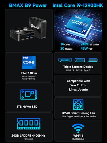 Image of Bmax B9 Power Mini PC, Intel Core i9-12900HK (14C /20T, Beats i9-11900H /R9 6900HX /7735HS), 24GB LPDDR5 1TB NVMe SSD, Micro Desktop Computer Support 4TB Expansion, WiFi 6, Triple 4K Display, Win 11 Pro