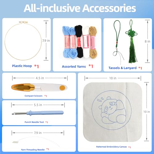 Image of Danvk Panda Punch Embroidery Kit with Embroidery Fabric, Hoop,Scissor,Punch Needle and Yarns, Hand Craft Gift,DIY Embroidery Kits, Hand Punch Needle Kit for Women and Beginners(Panda-Smiling)