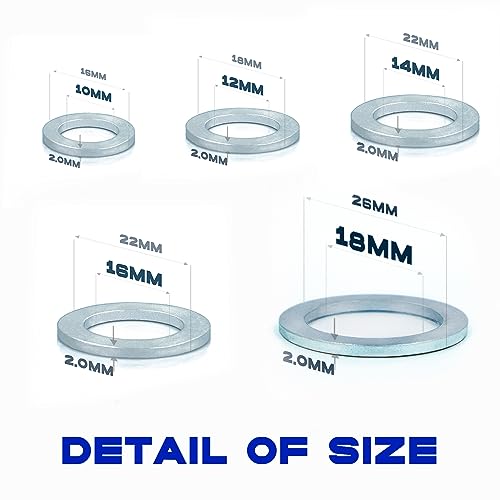 Image of 100Pcs Set of Oil Drain Plug Gasket, 5 Sizes Aluminum Oil Drain Plug Washer Crush Washer, Oil Plug Crush Washer for Oil Change, Sealing Ring by KeeRoarin (M10, M12, M14, M16, M18)