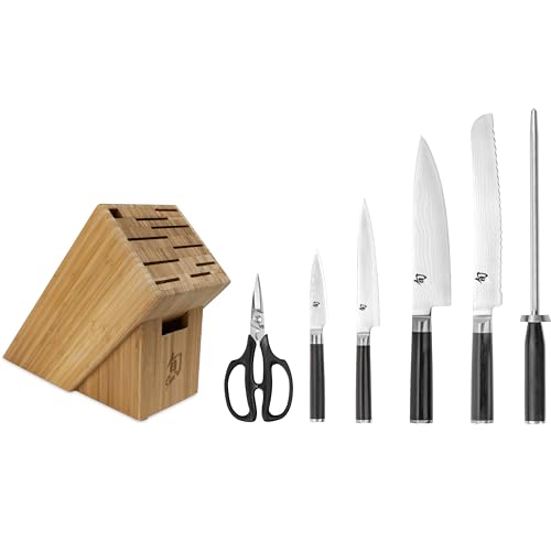 Shun Classic 7 Piece Essential Block Set, Includes 8' Chef, 3.5' Paring, 6' Utility, 9' Bread Knives & Herb Shears, Handcrafted Japanese Knife Block Set, Pakkawood Handles