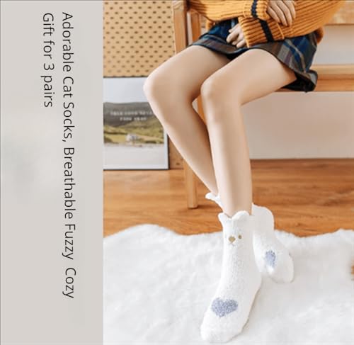NeVka Adorable Cat Socks for Girls Fluffy & Fuzzy Thickening Breathable Warm Cozy Sweet Design For Gift Of 3 Pairs3