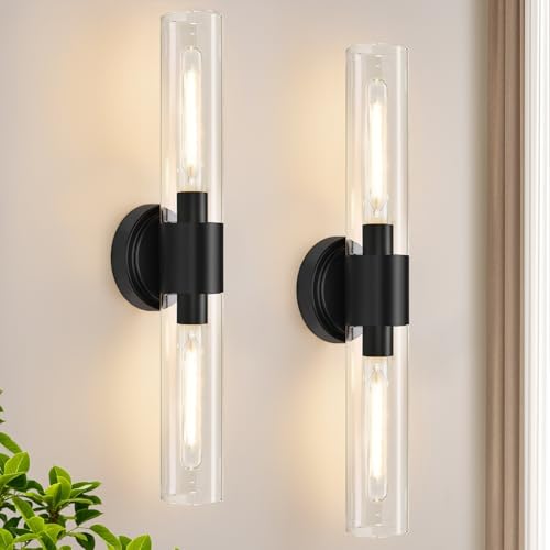 Image of Wall Sconces Set of Two,Matte Black Bathroom Sconces with Clear Glass, Hardwired Sconces Wall Decor Set of 2, Modern Wall Vanity Light Fixtures for Bathroom Mirror Bedroom Living Room Hallway