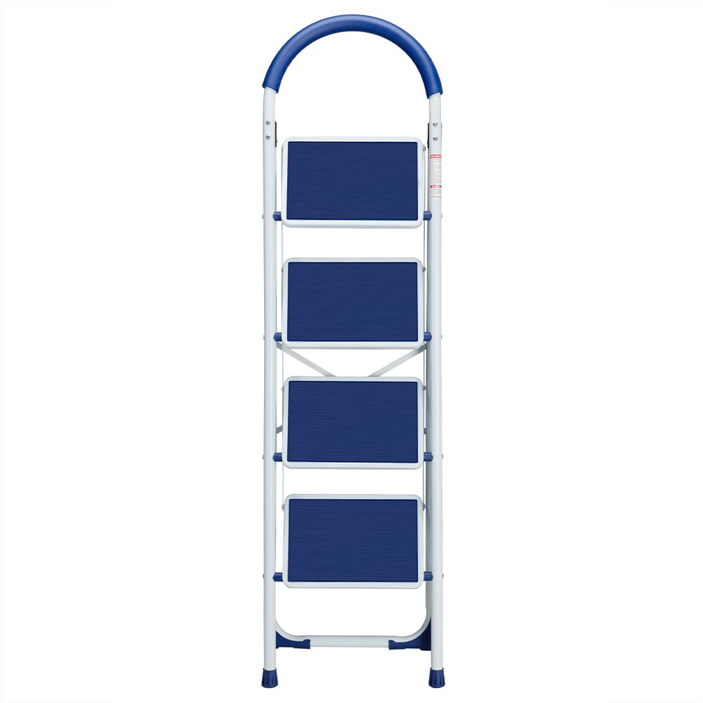 Bakaji Scala Scaletta Pieghevole Salvaspazio con Gradini Antiscivolo e Maniglione di Sicurezza Sgabello Scaletto Struttura in Acciaio e Rivestimento in Gomma Portata massima 150kg (4 Gradini Blu)
