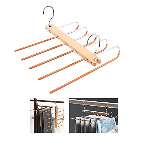 Hosenbügel Platzsparend Mehrfach, 5 In 1 Hosenbügel ,Hosen Kleiderbügel aus Edelstahl Ausziehbar, Hosenständer Platzsparend Ausziehbar Faltbare Multi Bügel, Kleiderbügelhalte Holz Cover